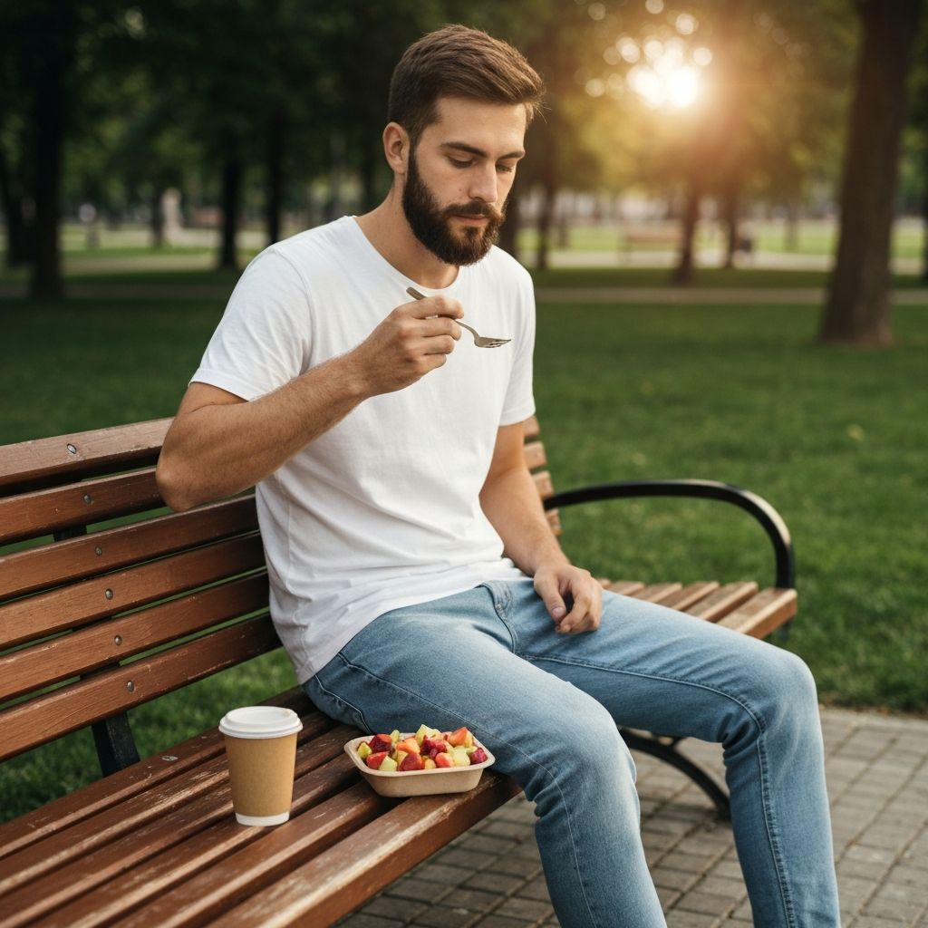 Zdrav međuobrok i kafa na gradskoj klupi sa gradskim pogledom